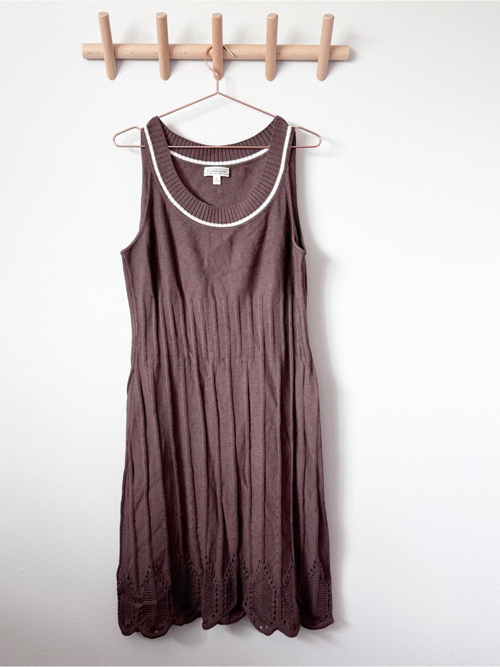 St. John Brown Sleeveless Knit Midi Dress with Contrast Trim